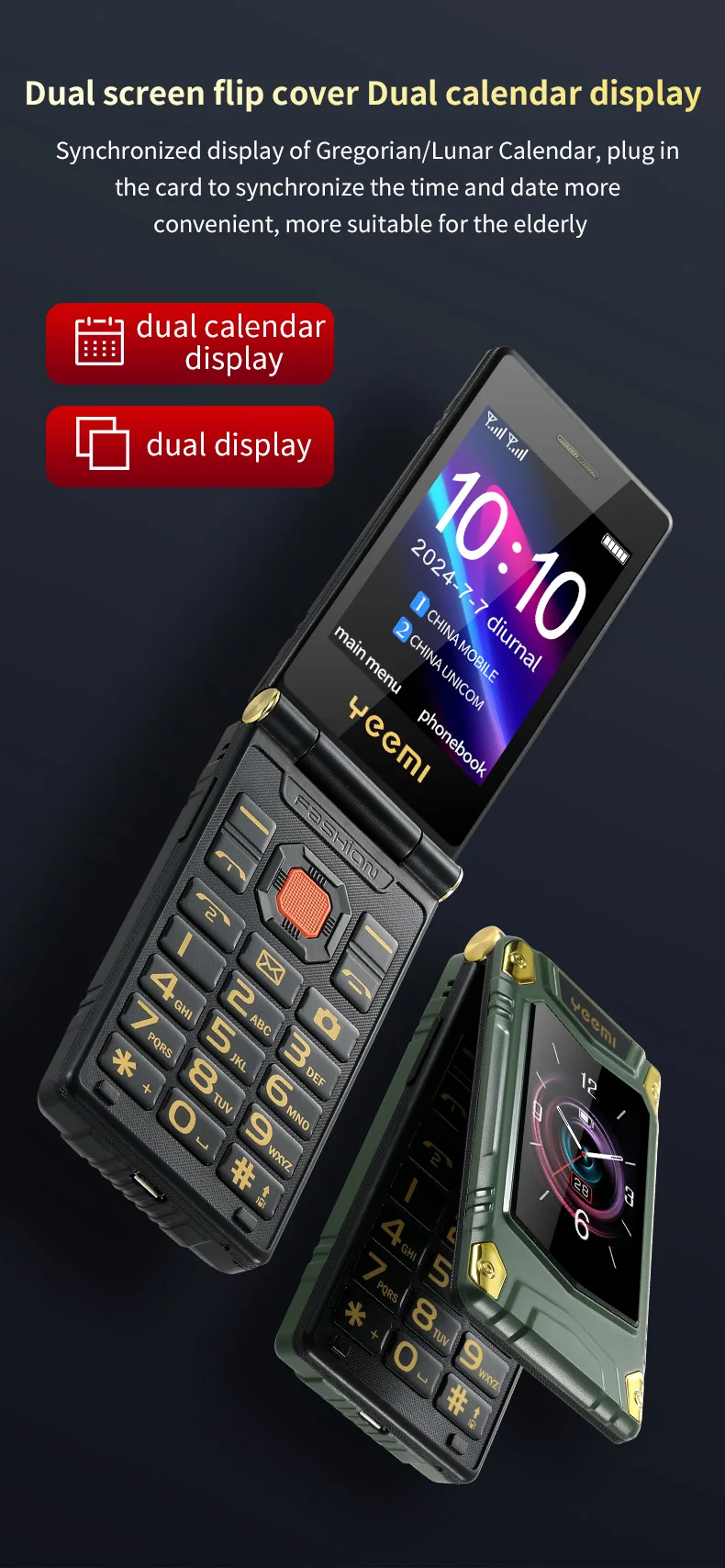 YEEMI M7+ Flip Mobile Phone LTE 4G Double Screen 2300 mAh MP3 MP4 Dual SIM Large Button SOS Quick Dialing Loud Sound CellPhone