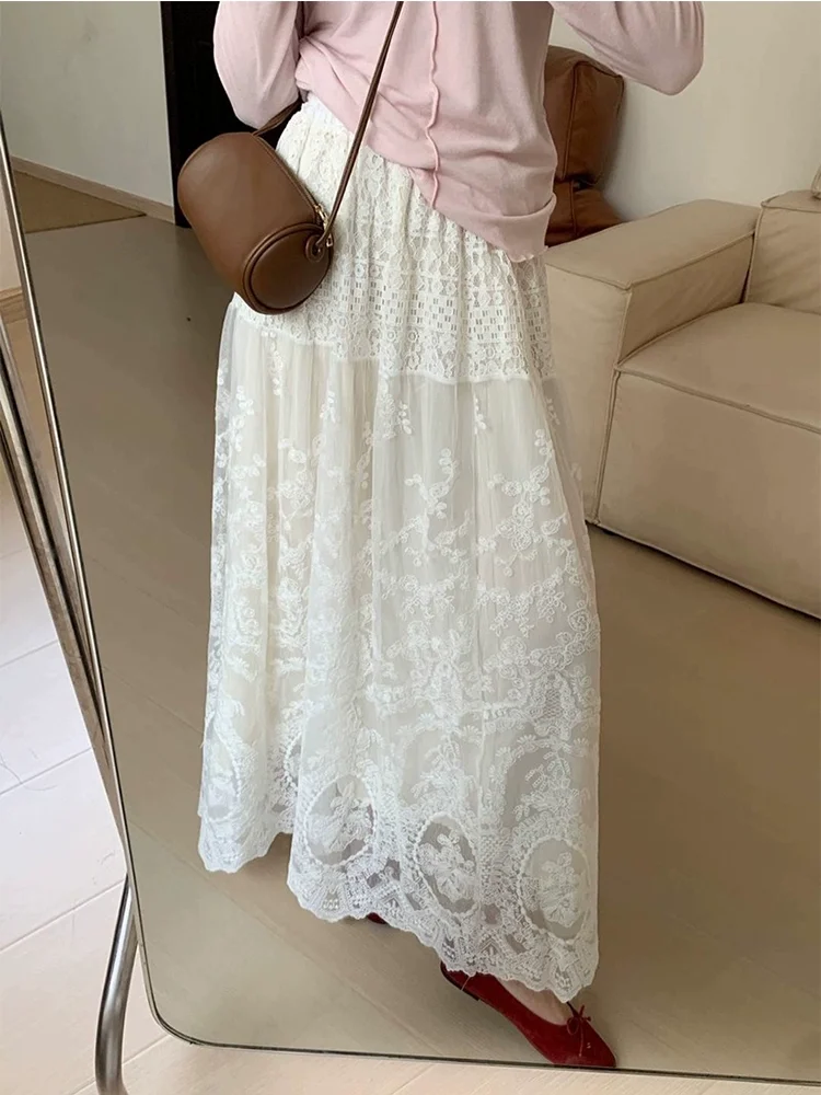 SALIENCY 2025 Spring Korean Elastic Waist Large Swing Crochet Lace Skirt Female Summer High Waist Gentle Embroidery Long Skirt