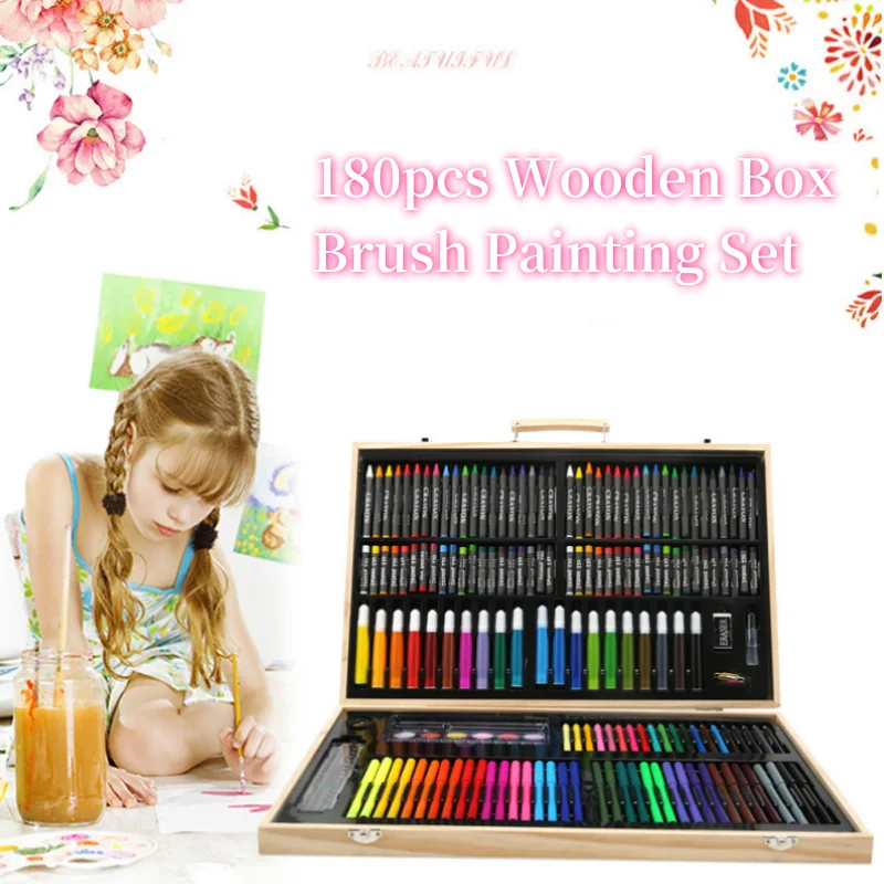 

180 Wooden Box Brush Painting Suit International Children's Day School Season Art Crayon Washable Student Watercolor Pen