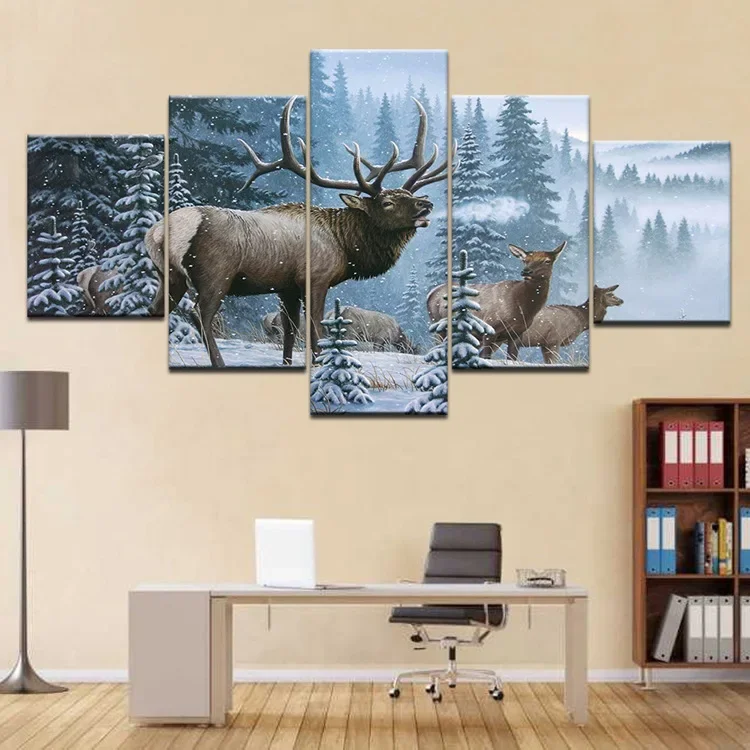 100CM high-definition framed 5-piece decorative painting, depicting the spirit of nature, elk, and home decor murals