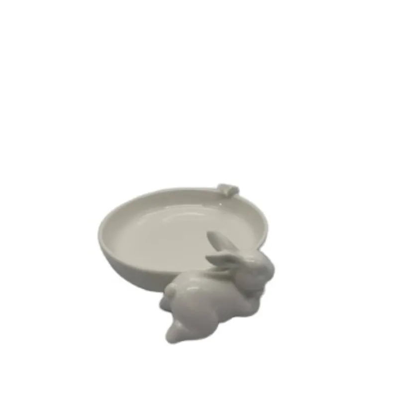 Easter ceramic new design rabbit decoration white ceramic rabbit plate with butterfly home decoration
