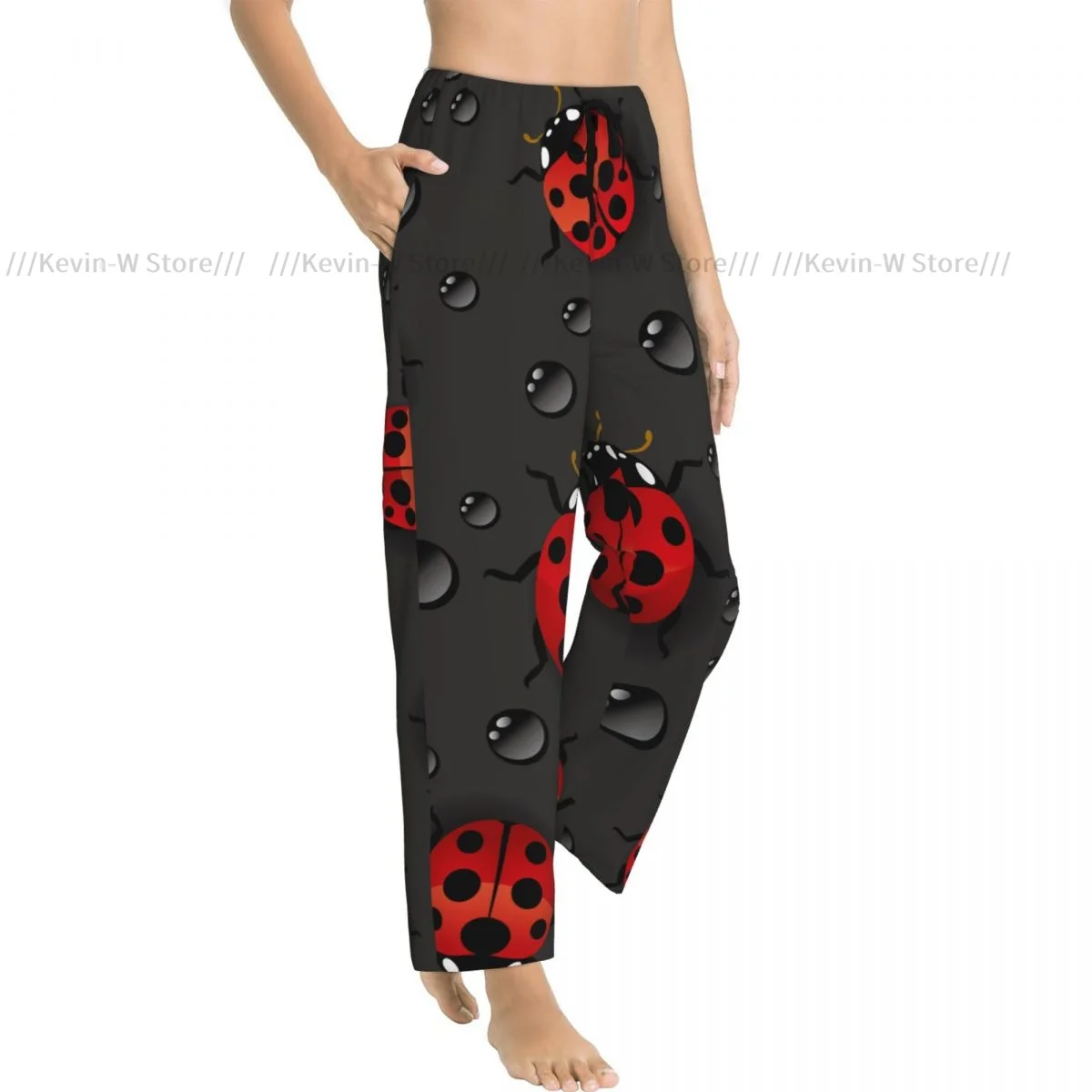 

Women Red Ladybugs With Water Drops Flannel Pajama Pants Soft Warm Sleep Pants Cozy Winter Loungewear