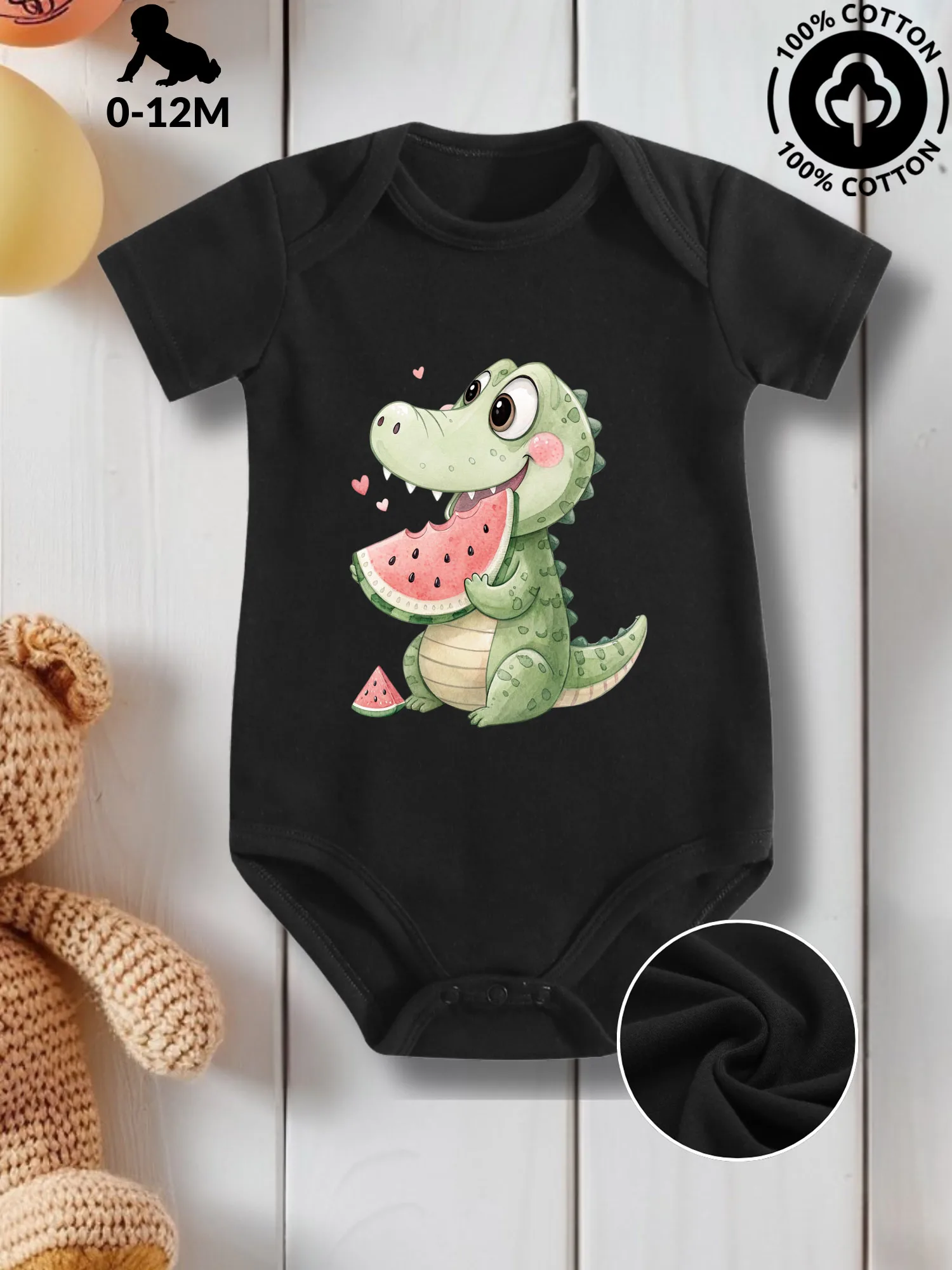 

Alligator Having Watermelon Unisex Baby Crawling Suit, Pure Cotton Skin Care Onesie, All-Season Wear Black Bodysuit 190GSM