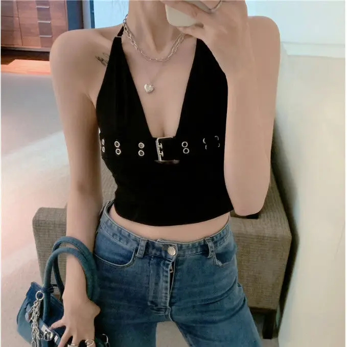 Sexy Hollow Out Hanging Neck Tank Top for Women's Summer New Slimming Black Short Top