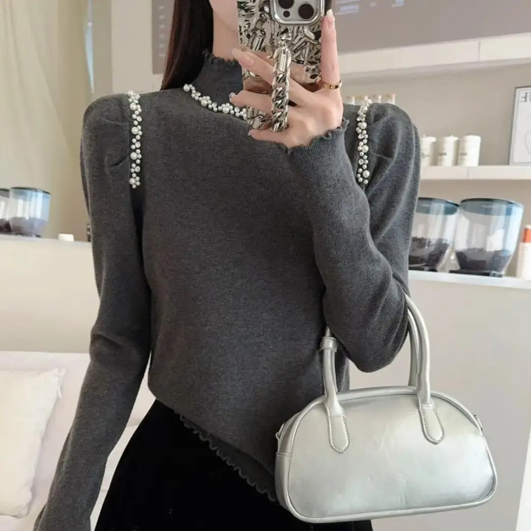 

Fall Winter Women's Knitted Sweater Heavy Work Bead Embellished Half High Collar Base Layer Fashionable Versatile Wooden