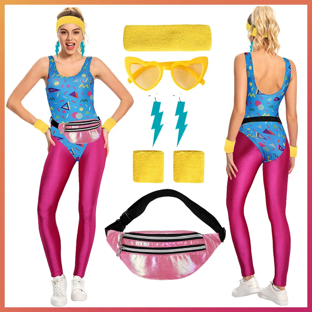 80s Retro Pattern Jumpsuit Vintage Cosplay Tracksuit Yoga Costume Headband Leggings Fanny Pack Set Clothing Women Halloween Suit