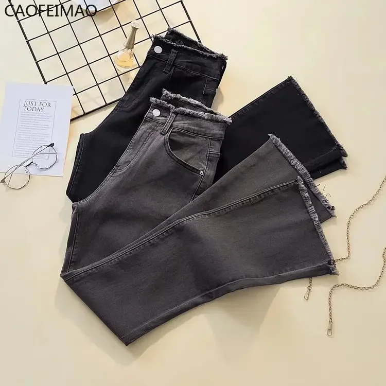 Black Micro Lara High Waist Jeans Female Elastic Slim Show Thin Spice Girl Straight Loose Wide Leg Raw Edge Flare Pants Tide