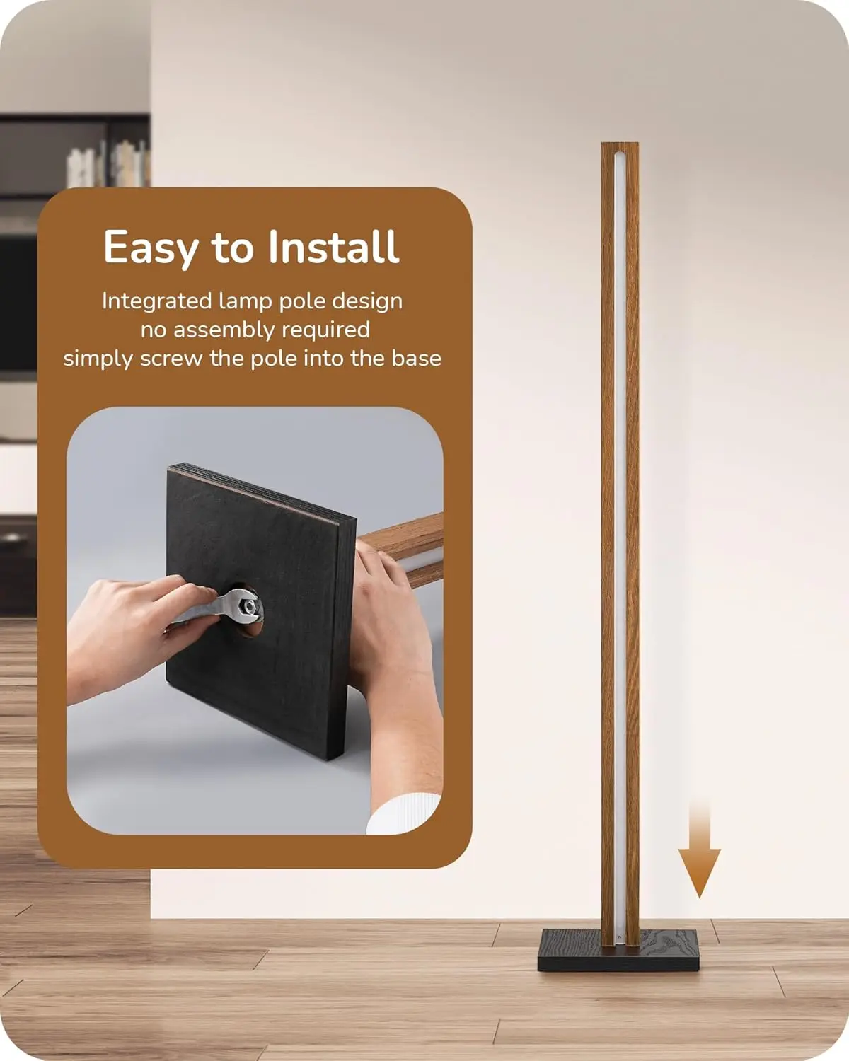 Modern Dimmable Floor Lamp with Remote, Wood LED Corner Light for Living Room, Bedroom, Office, 7 Color Temperatures view 6