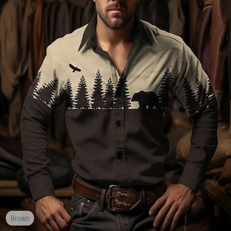 ชายเสื้อ Western คาวบอย 3D รูปแบบฤดูร้อนฮาวาย lapel พิมพ์กลางแจ้ง Street แขนยาวพิมพ์เสื้อผ้าแฟชั่น desig