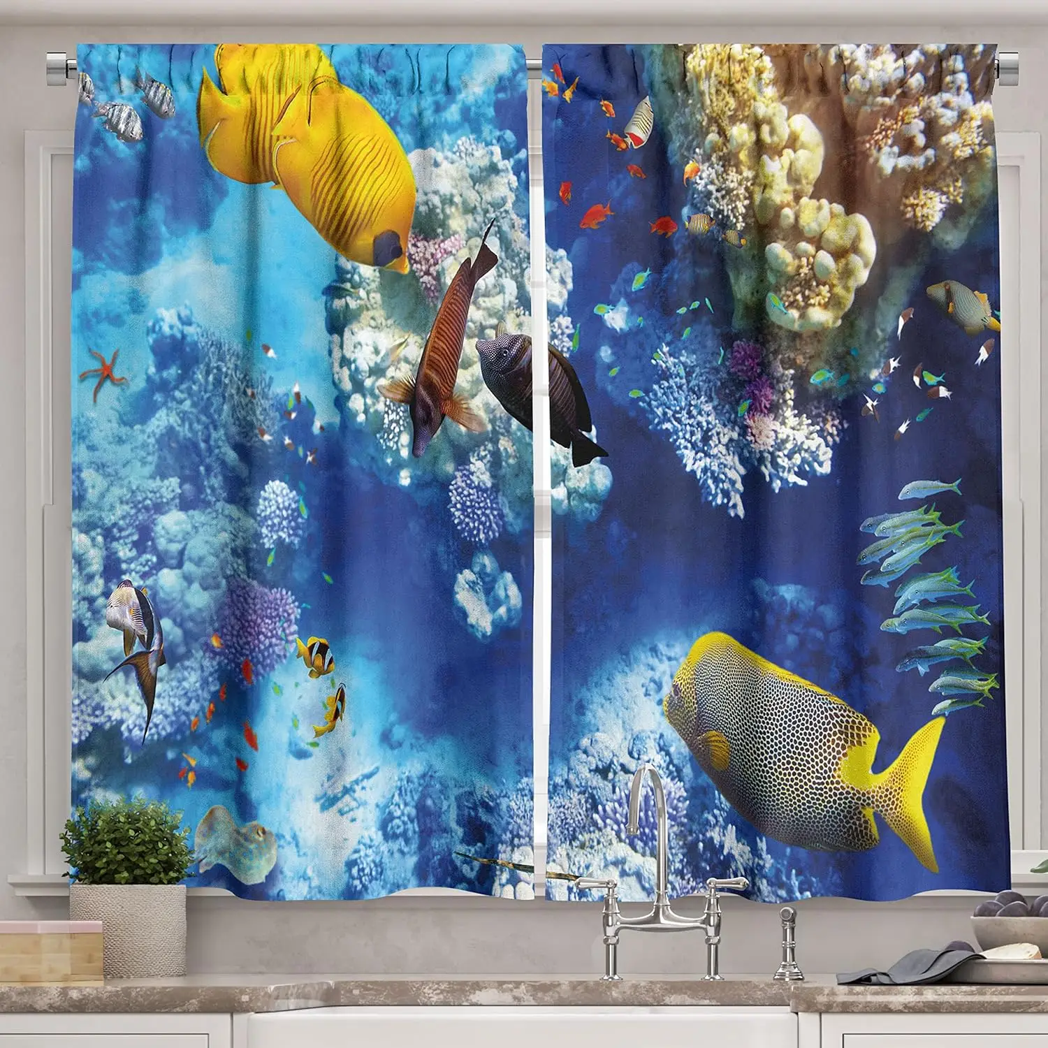 Decorative Blue Ocean Reef Curtains Tropical Underwater Fish Coral Aquarium Window Curtain Panels Coastal Nautical Sea Life