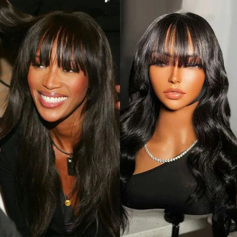 

Alimice Body Wave Wigs With Bangs Natural Black Color Human Hair Glueless Machine Made Wig