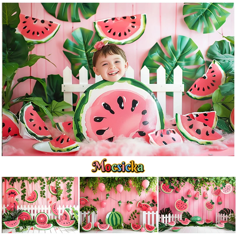 Mocsicka Photography Background Summer Watermelon Theme Green Leaf Fence Decor Birthday Party Cake Smash Backdrop Photo Studio