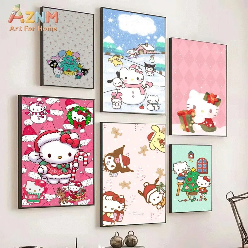 Sanrio Characters Gather Around Green Christmas Tree Cute Cartoon Canvas Wall Art Unframed Canvas Poster Print for Kids Bedroom