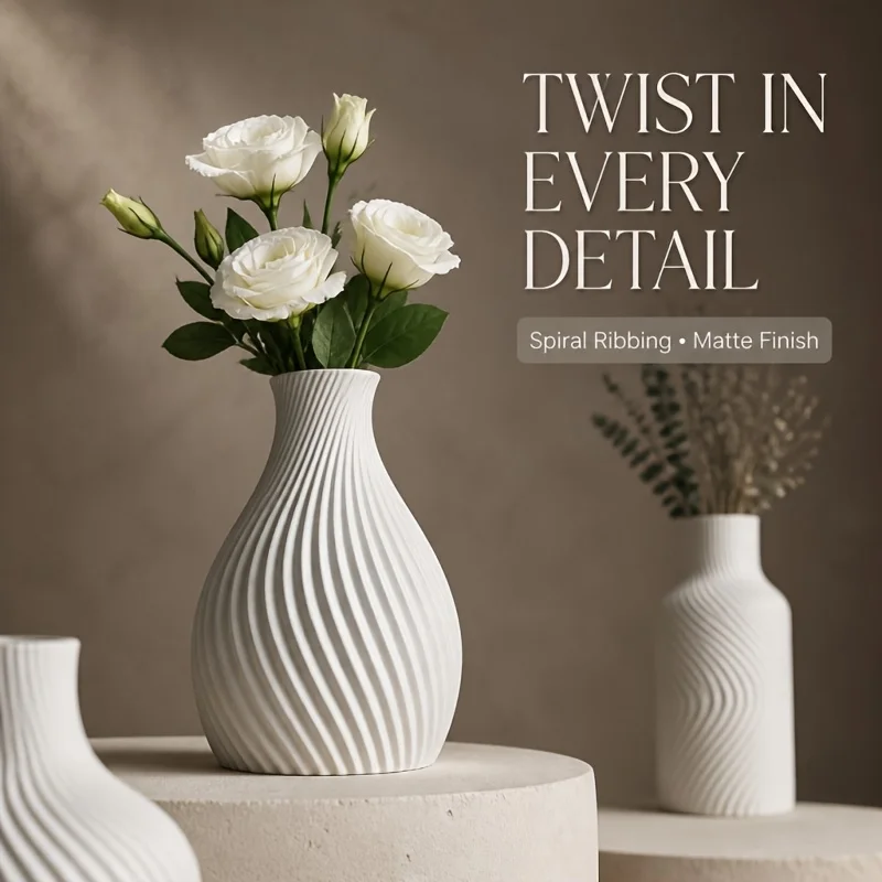 3 Pack Matte White 3D Printed Aesthetic Vase Set, Wavy Swirl Textured Modern Decorative Vases for Tabletop Home Ornament Gift