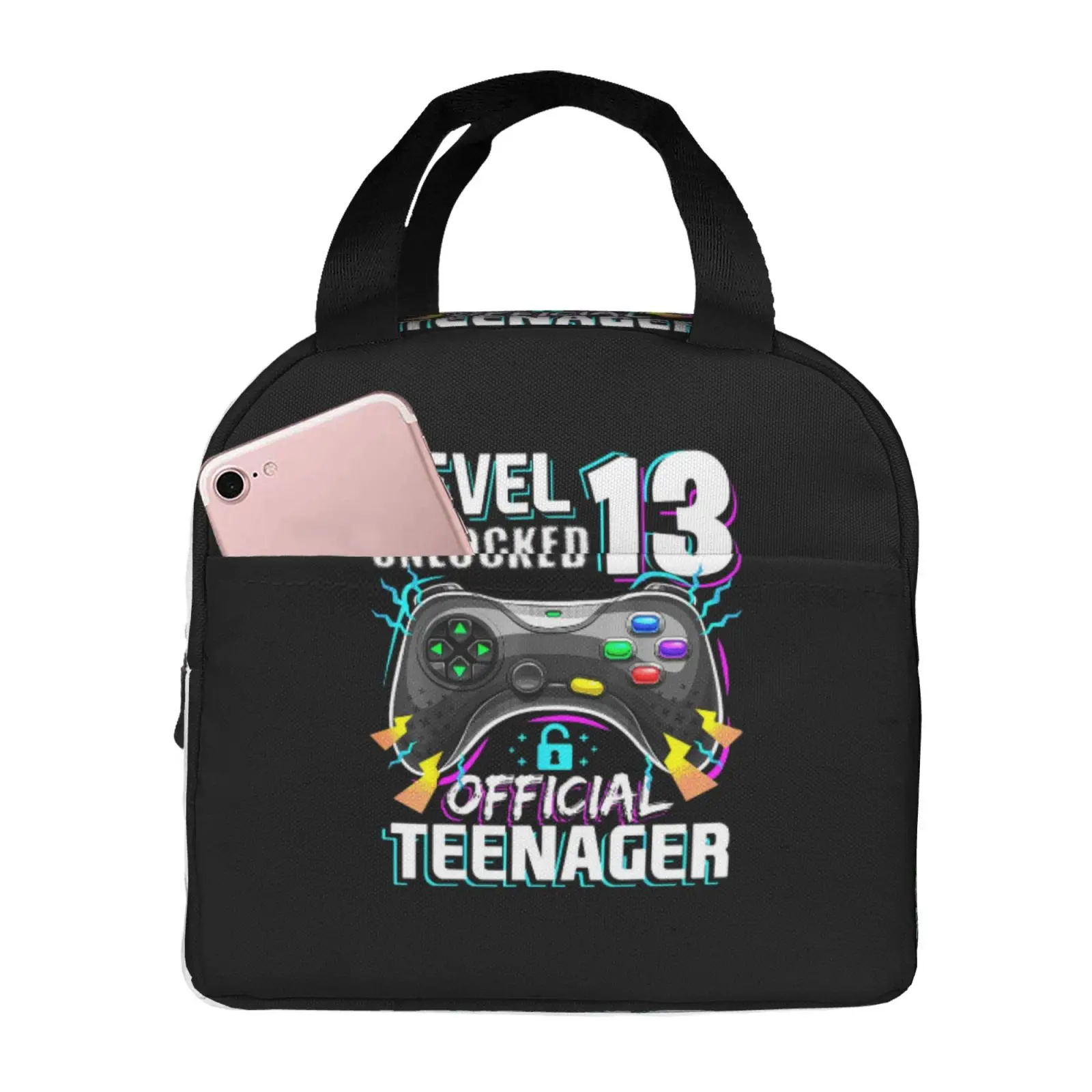 Funny Level 13 Unlocked Official Teenager Lunch Bag Portable Reusable Thermal Oxford Tote Bag for Work School Travel
