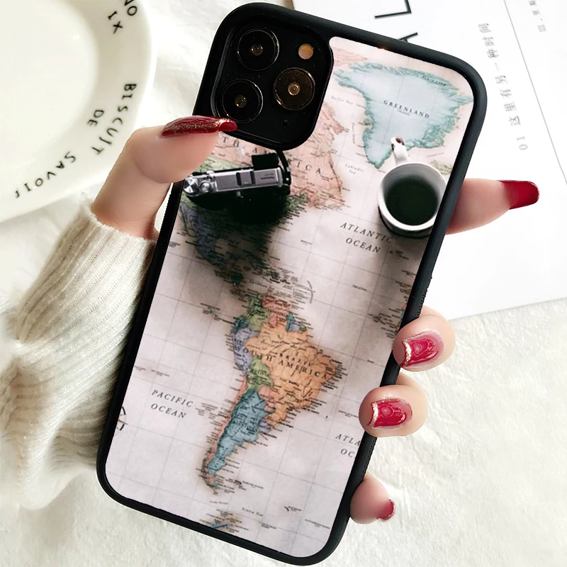 5 5S SE 2020 Phone Cover Case for iPhone 6 6S 7 8 PLUS X XS XR 11 12 13 MINI 14 PRO MAX Rubber Travel World Map Flat Painted