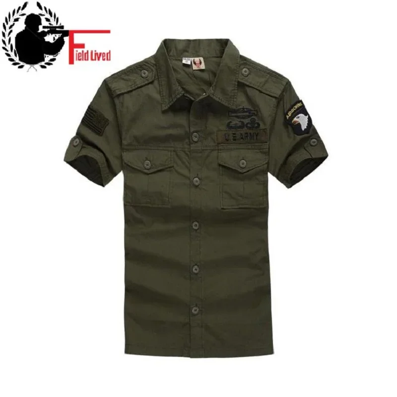 Airborne Quality Men\'s Shirt Us Military Style With Epaulets Short Sleeve 100% Cotton Tactical Shirt Uniform Male Fashion 2024