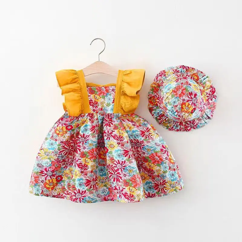 Girl Dress+Hat 2pcs Summer Kids Clothing Big Bow Decor Floral Print Ruffles Sleeve Dress Girls Party Princess Clothing