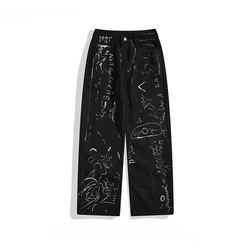 Men's American Fun Hand-painted Graffiti Jeans Heavy Industry Black Casual Niche High Street Straight Denimm Pants Male Clothing