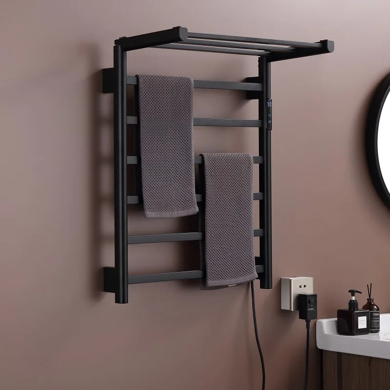 

Black round electric towel rack bathroom storage toilet perforated towel rack heating drying constant temperature wall hanging