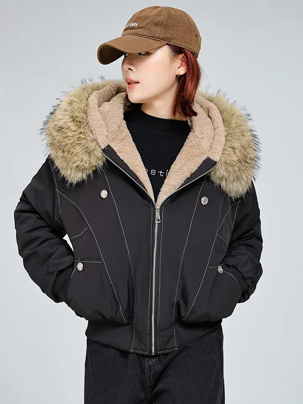 

Thiened Fce Women's Cotton Jaet ort American Sle Winter Coat Warm Hooded Zipper Closure Color Korean Version