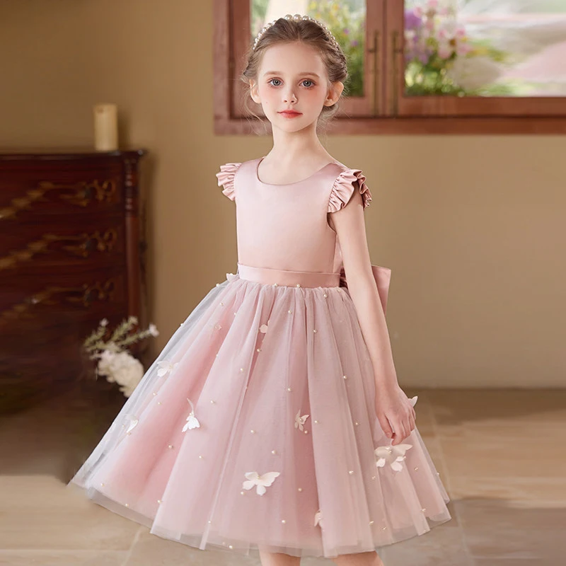 

Girls New Sweet Pink Puffy Skirt Summer Thin Veil Fashionable Butterfly Knot Back Decoration Princess Dress for Piano Performan