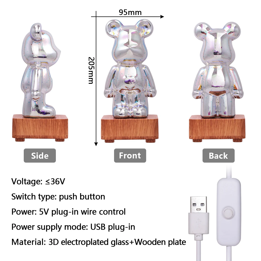 LED 3D 불꽃 곰 야간 조명, 색상 변경 가능 주변 램프, USB 프로젝터 램프, 침실 홈 룸 생일 어린이 선물