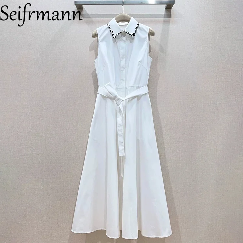 Seifrmann Einfarbiges Baumwoll-Westenkleid mit Revers, kurzärmeliges Kleid mit Schnürung an der Taille, 2026 Sommer-Damenkleid im neuen Stil