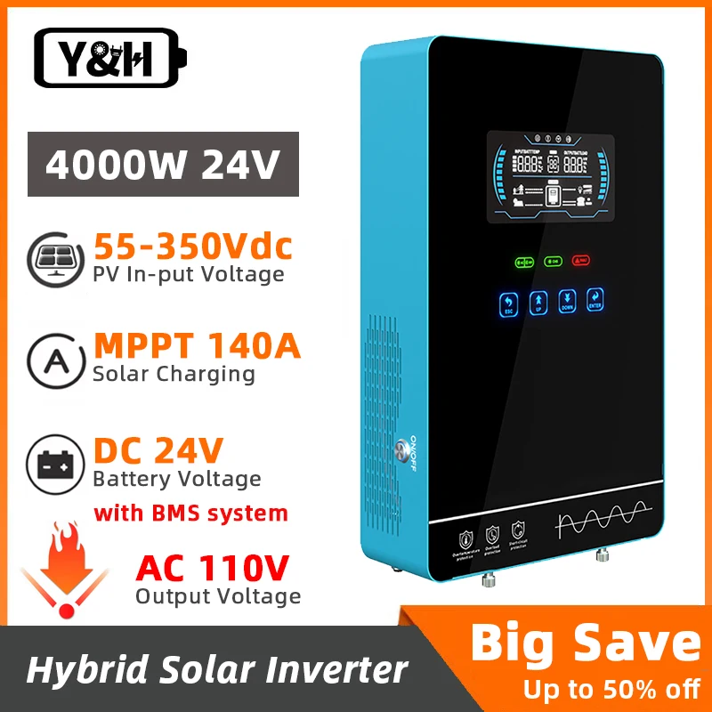 Y&H 4000W Hybrid Solar Inverter 24V 110/120V Pure Sine Wave MPPT Solar Charger BMS System Battery-Free Starting Home Inversor