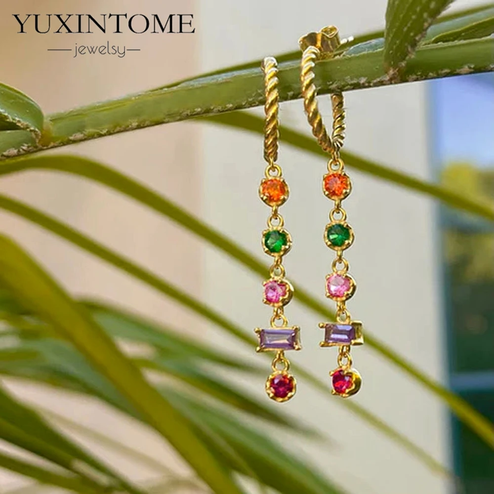 925 Sterling Silver Needle Colorful Water drop Tassel Zircon Stud Earrings for Women Wedding Party Gold Earrings Fashion Jewelry