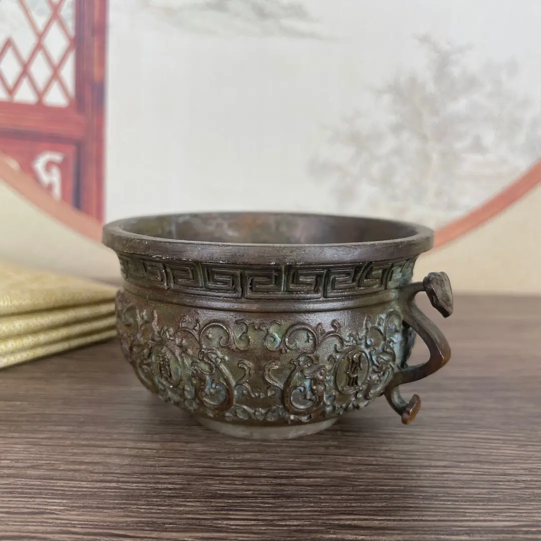 Chinese antique copper handmade old antique vintage double-ear copper incense burner green embroidery ornaments