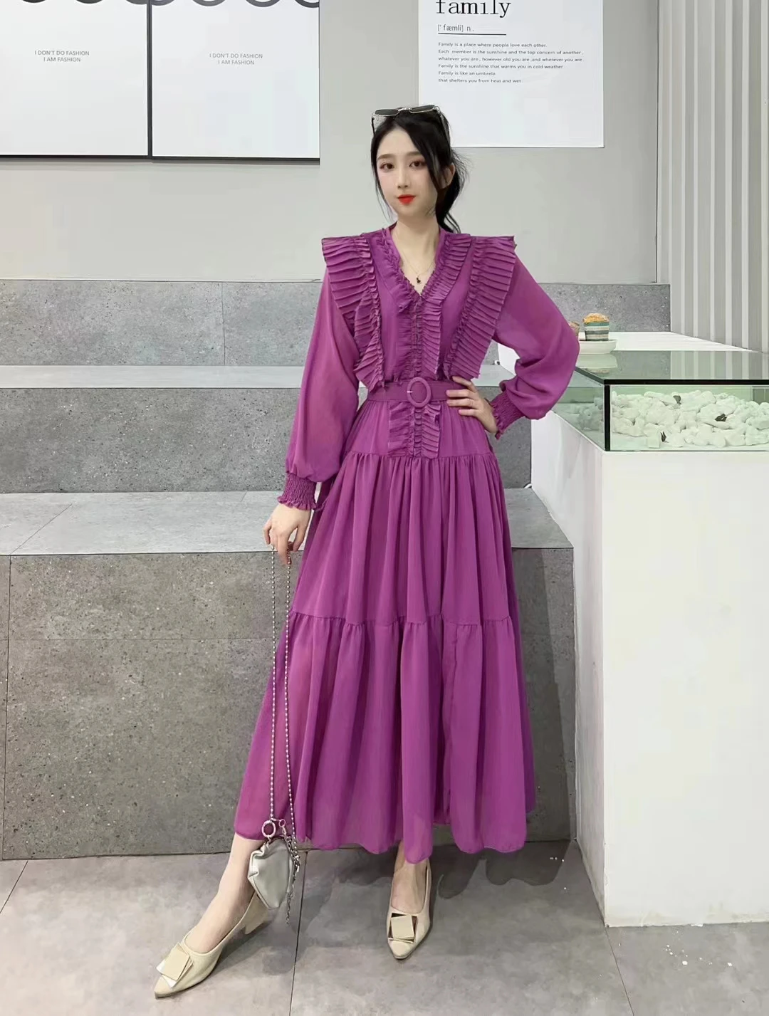 2024 New Spring Autumn Women V-Neck Long Sleeve Belt Slim Long Dress Sweet Pleated Edible Tree Fungus Patchwork Big Hem Dress