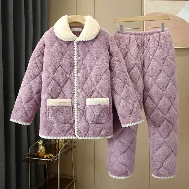 Lady Winter Sleepwear Three-layer Padded Cotton Suit Women Flannel Nightgown Girl Autumn Warm Home Clothes Extra Thick Pajamas