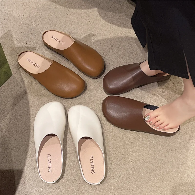 Retro Mules Slippers for Women Summer Light Non-slip Soft Pu Leather Slide Sandals Plus Size 42 Comfort Beach Flat Sandalias