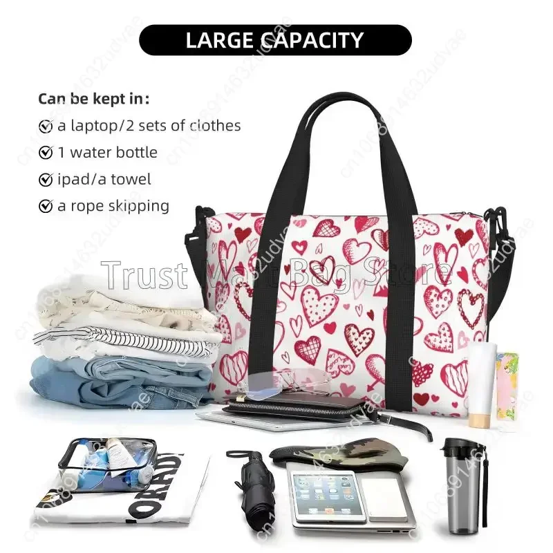 Red Love Hearts Pattern Travel Duffel Bag for Women Workout Weekender Overnight Bags Large Capacity Waterproof Luggage Handbag