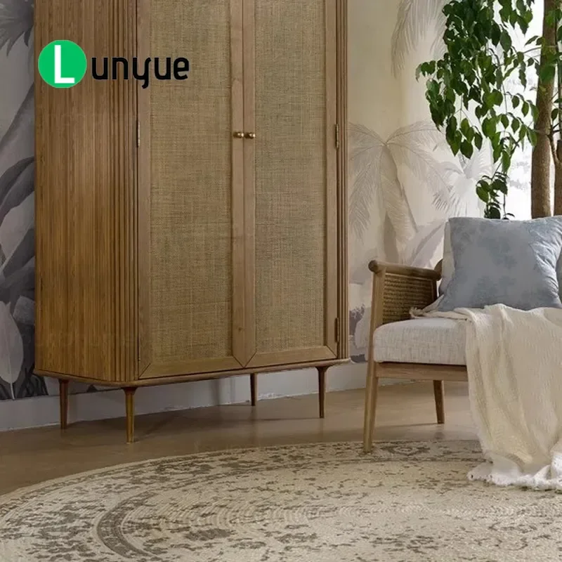 Medieval Style Solid Wood Rattan Wardrobe Wabi-sabi Retro Double Door Storage Cabinet for Bedroom Homestay Coat Closet