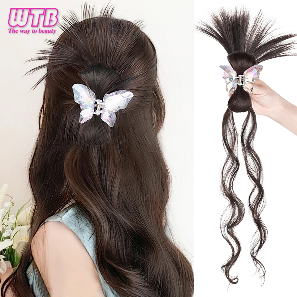 Synthetic Dragon Hair Bun Wig Crystal Butterfly Claw Clip Headdress Half-tied Chicken Nest Ponytail Wig Chignon