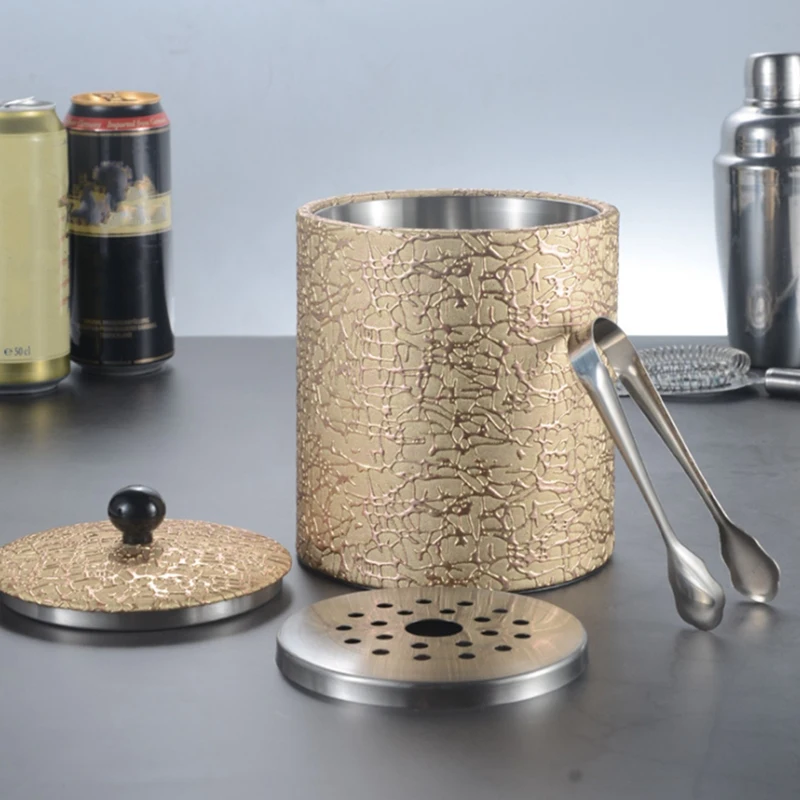 Ice bucket 1.3L Stainless Steel Ice Bucket Leather Ice Bucket European Style Wine Red Wine Bar KTV Supplies Champagne Bucket, A