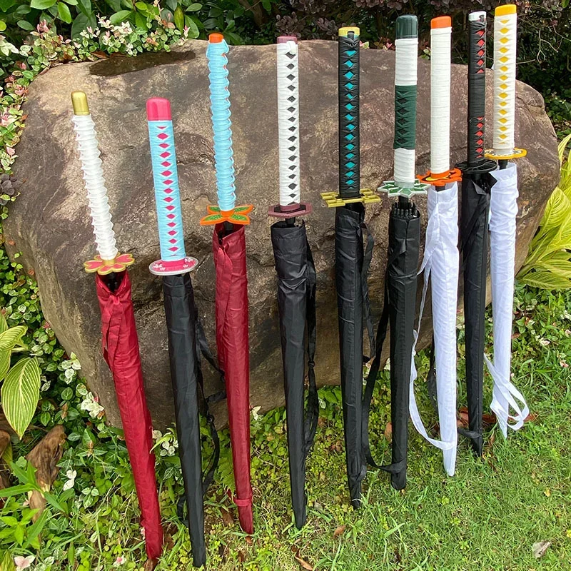 Anime Demon Slayer Katana Umbrellas Windproof Long Handle Kyoujurou Parasol Umbrellas Kimetsu No Yaiba Sunshade Sword Rain Gears