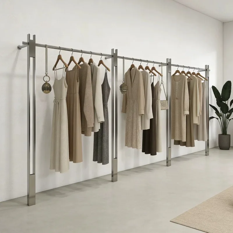 Clothing store display rack High-end women's clothing store upper wall Korean-style hanger brushed stainless steel floor-to-ceil