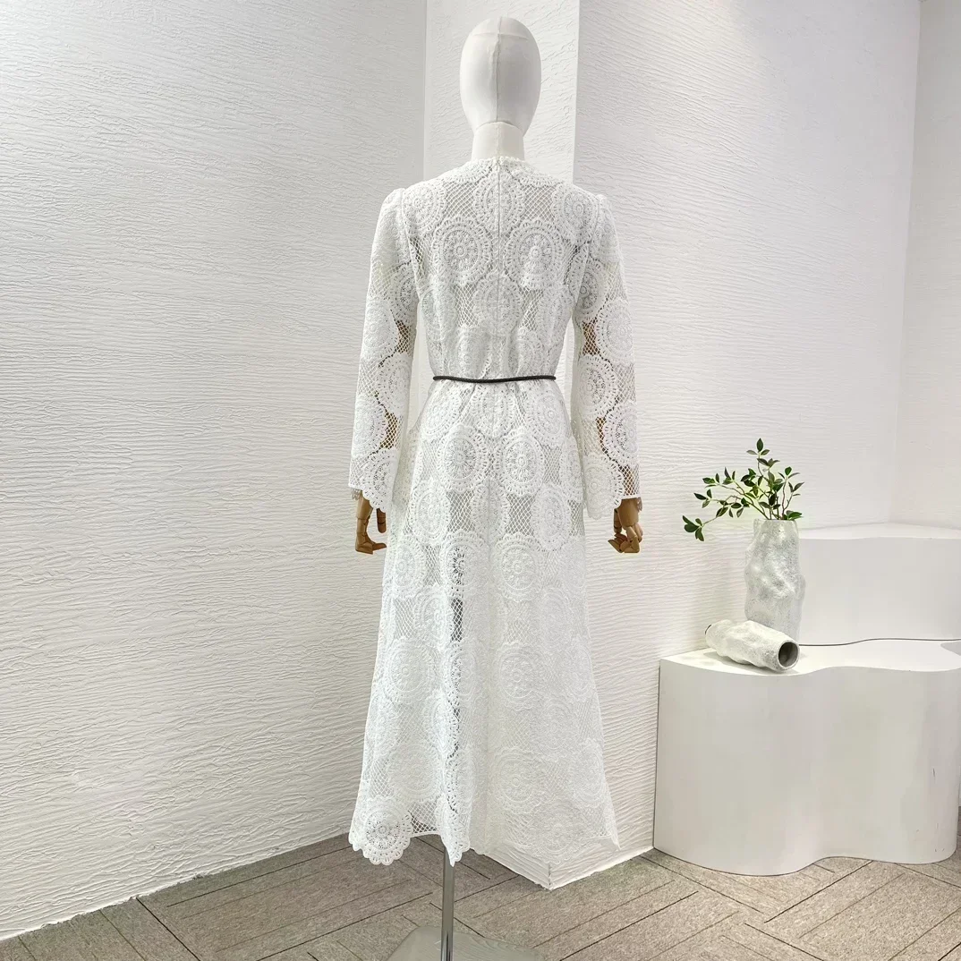 Cotton New Collection High Quality Hollow Out Design Self Bow Tie Elegant Three Quarter Sleeve Women Summer Autumn Midi Dress