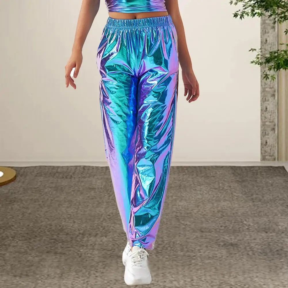 Women Metallic Pants Women's Metallic High Waist Holographic Pants Wide Leg Streetwear Trousers with Reflective Shine Hip Hop