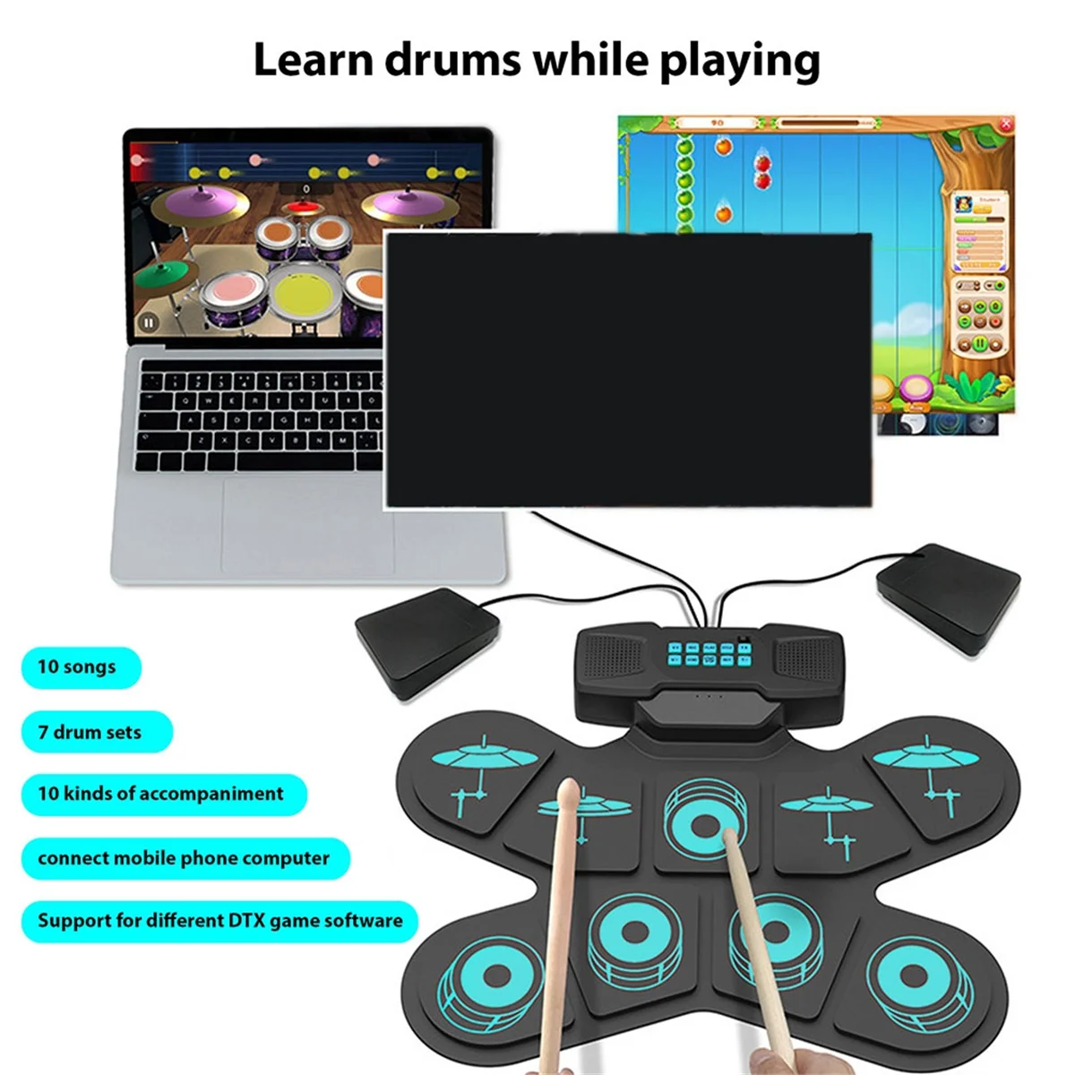 New Electronic Drum Set Hand Roll Drum 9 Pads Dual Speaker Rechargeable Practice Pad Drum Kit with Drumsticks Foot Pedal