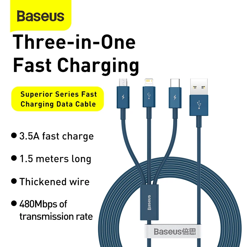 Baseus 3 In 1 USB สำหรับ iPhone 13 12X11 Pro Max Samsung S20 Xiaomi Mi 9 3.5A micro USB ประเภท C ชาร์จสาย