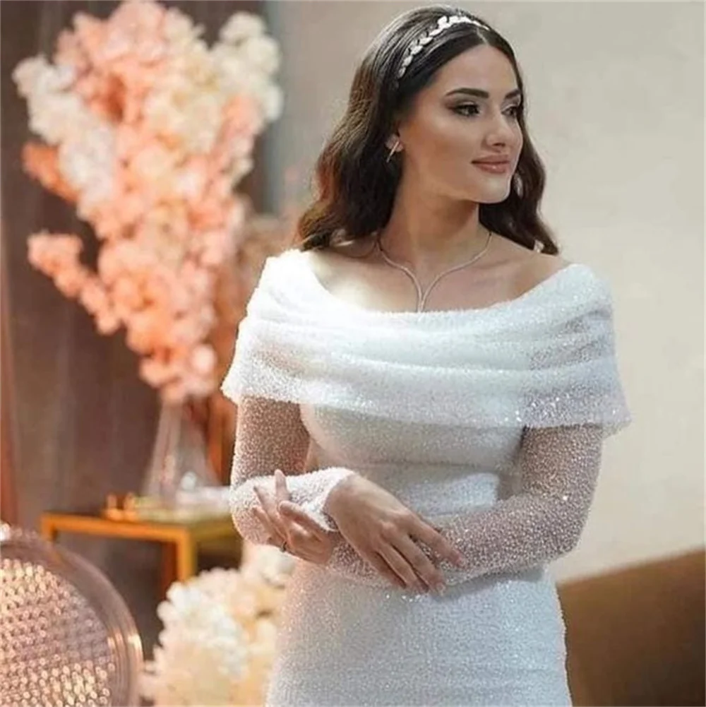 Sansa Luxury Beading Mermaid Wedding Dress Glitter Sequins Long Sleeves فستان حفلات الزفاف Shiny Sequins Robes De Soirée