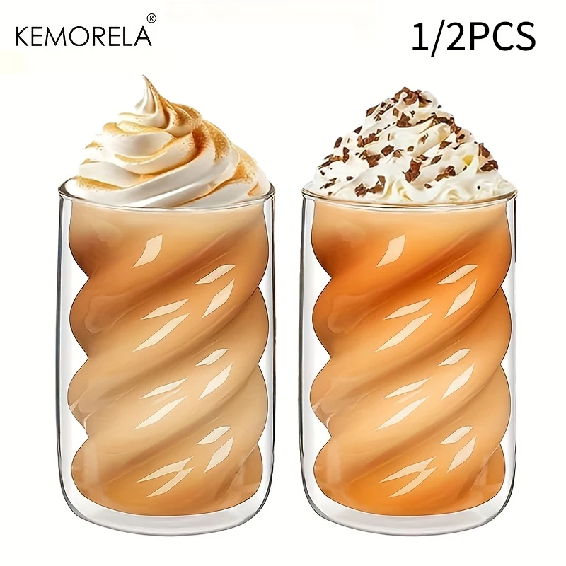 KEMORELA Double-Walled Coffee Cup, 1/2PCS 320ML Cappuccino Cup, Spiral Tea Cup Suitable for Latte, Iced Tea and Cold Brew Coffee