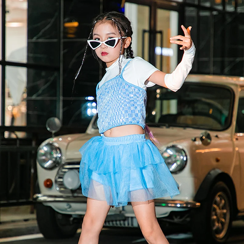 Fato de torcida infantil, roupa de palco para meninas, dança jazz, roupas kpop amarelo e azul, roupas para shows DL10871, moda