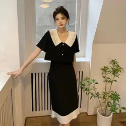 2024 Summer Women Sweet Two Piece Skirts Set Korean Graceful Peter Pan Collar Short Button Tops Patchwork Ruffle Skirts Outfits