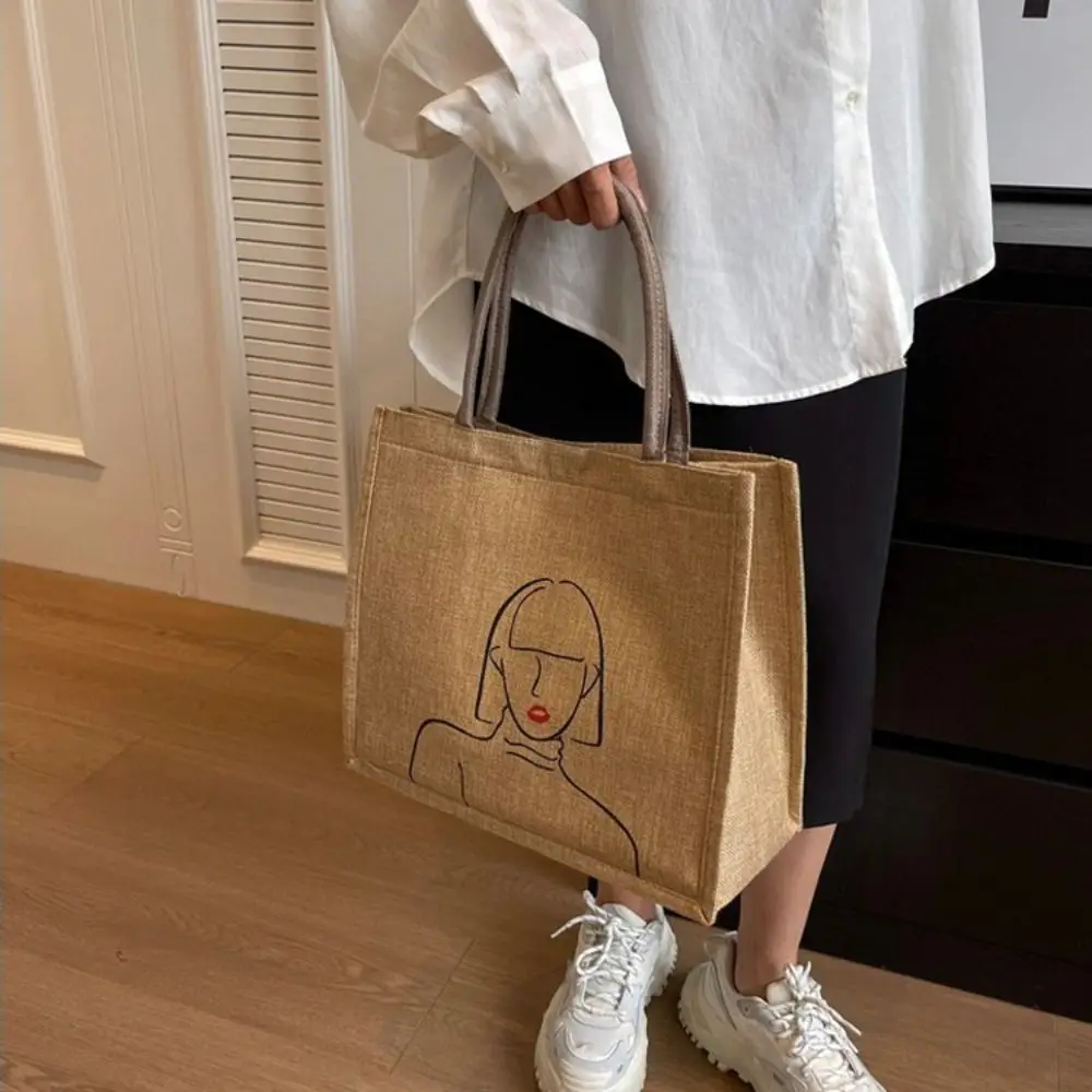 

Portable Large Capacity Linen Shoulder Bag Button Letter Casual Tote Bag Lunch Bag Mommy Bag Linen Handbag Picnic