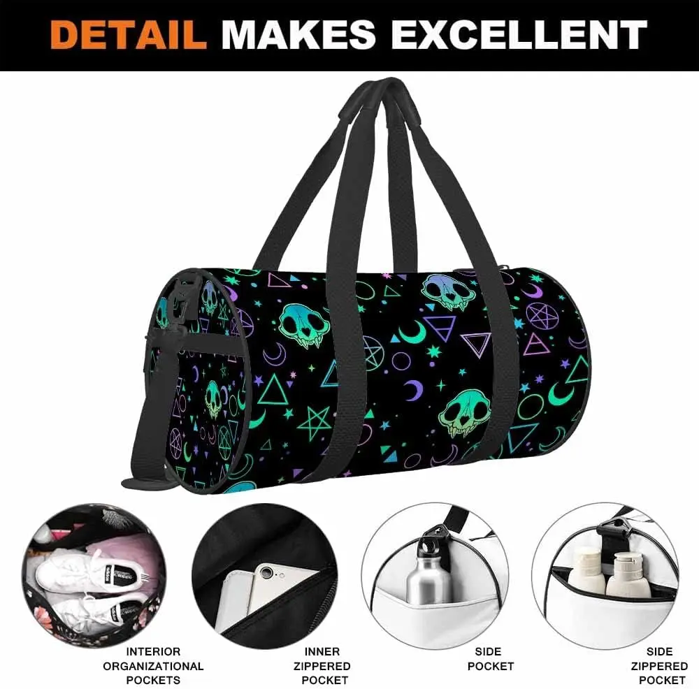 Skulls Travel Duffel Bag Depicting Magic Symbols Lightweight Sports Tote Gym Bag Shoulder Weekender Overnight Bag for Men Women